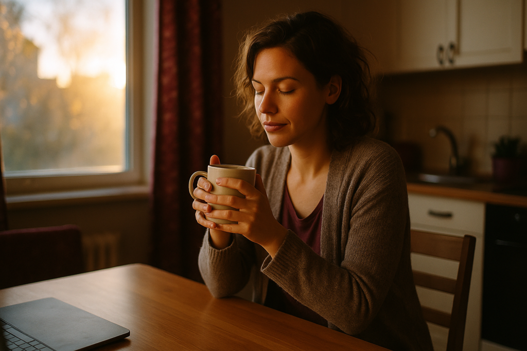 A working mother enjoying a quiet moment of self-care with morning coffee