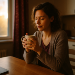 A working mother enjoying a quiet moment of self-care with morning coffee